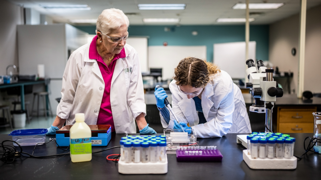 Image of professor with student engaged in research